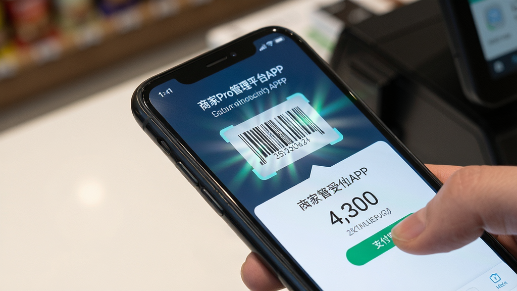 手机背面摄像头扫描商品条形码,屏幕显示“商家Pro管理平台APP”收银成功界面,画面主体是扫码动作与支付成功提示,布局为对角线构图,排版自然,风格为写实生活摄影,细节上突出扫码光线和屏幕数字,画质高清,画面干净,无多余元素