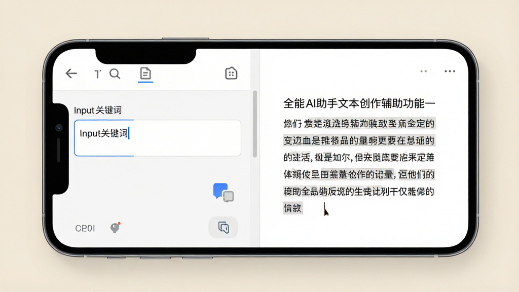 一张展示全能AI助手文本创作辅助功能的图片,画面中央为手机屏幕显示文档编辑界面,左侧有输入关键词的输入框,右侧生成一段排版整齐的文字段落,背景为浅米色,布局左右分栏,风格办公简约,细节包括光标、字数统计、复制按钮,画质高清干净无多余元素