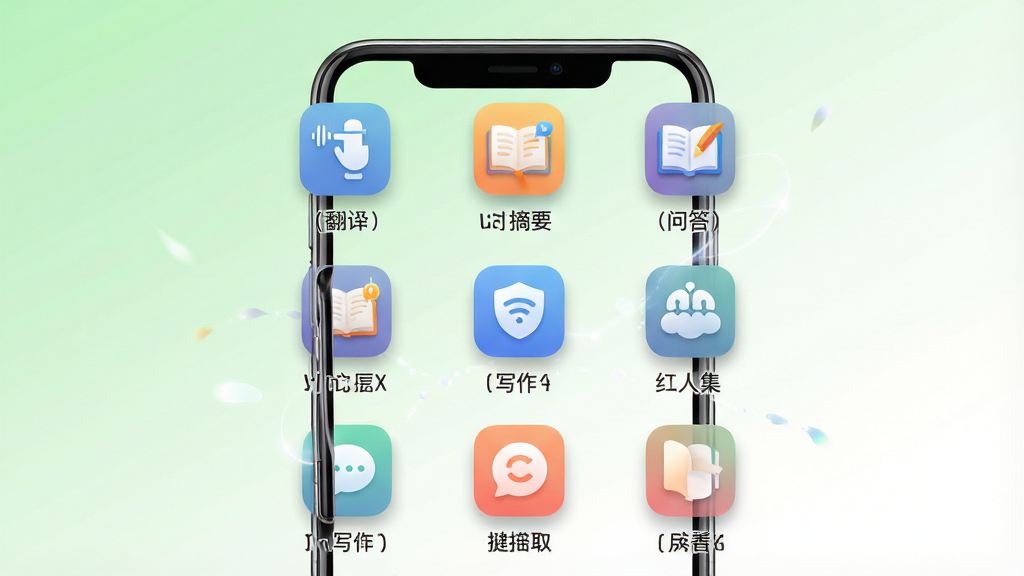 一张展示全能AI助手多场景工具集合的图片,画面主体为手机屏幕内九宫格功能图标,包括翻译、摘要、问答、写作等图标,背景为淡绿色到白色渐变,布局网格排列,风格清新明快,细节包括圆角图标、微阴影、简洁文字标签,画质高清干净无多余元素