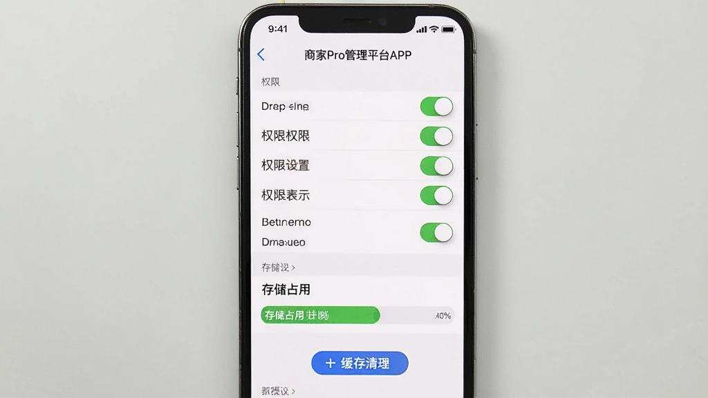 手机屏幕显示“商家Pro管理平台APP”的权限设置界面与缓存清理按钮,画面主体是权限开关列表和存储占用条,布局为纵向列表,排版清晰,风格为系统设置风格,细节上突出开关状态和进度条,画质高清,画面干净,无多余元素