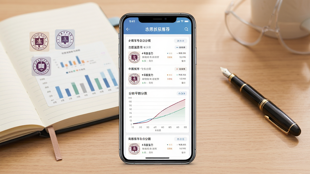 高考志愿直通车软件主界面展示,画面中央放置一部智能手机,屏幕显示志愿填报推荐页面,包含院校列表与分数曲线图,背景为书房桌面,摆放着笔记本与钢笔,整体布局左中右三分构图,风格清新扁平化,细节包含大学校徽图标与数据图表,画质清晰明亮,干净无多余元素