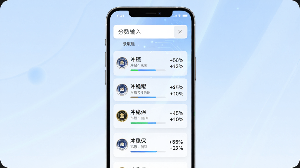 高考志愿直通车智能推荐功能界面,画面主体为手机屏幕显示冲稳保三档院校推荐列表,每所院校旁标注录取概率百分比,背景为淡蓝色渐变,布局采用上下结构,上方为分数输入框,下方为推荐卡片,风格简约科技感,细节包含进度条与院校徽章,画质高清,干净无多余元素
