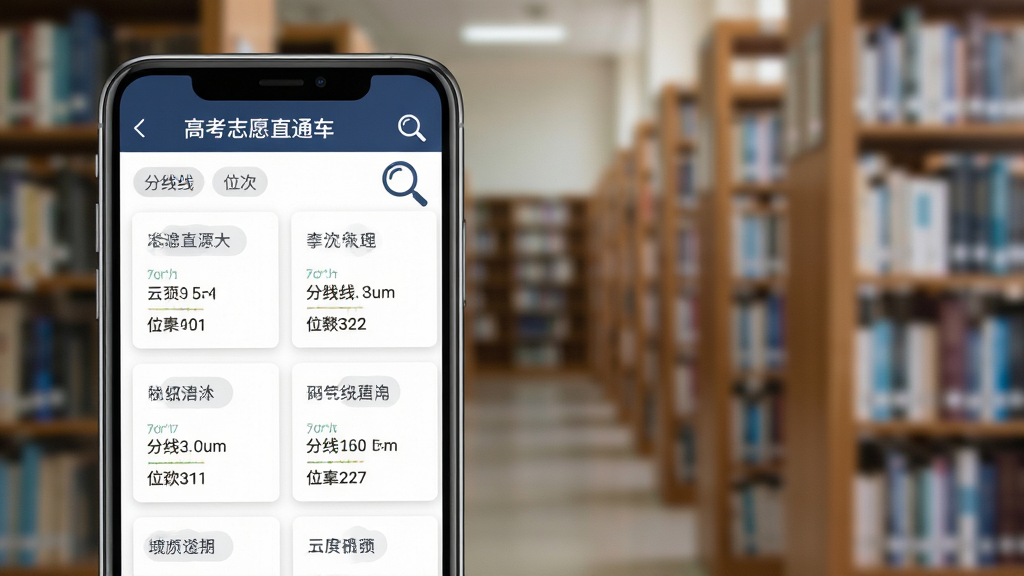 高考志愿直通车院校数据查询页面,画面展示手机屏幕内多所大学信息卡片,包含校名、分数线、位次等数据,背景为图书馆书架虚化场景,布局采用网格排列,风格学术严谨,细节包含放大镜图标与筛选标签,画质清晰,干净无多余元素
