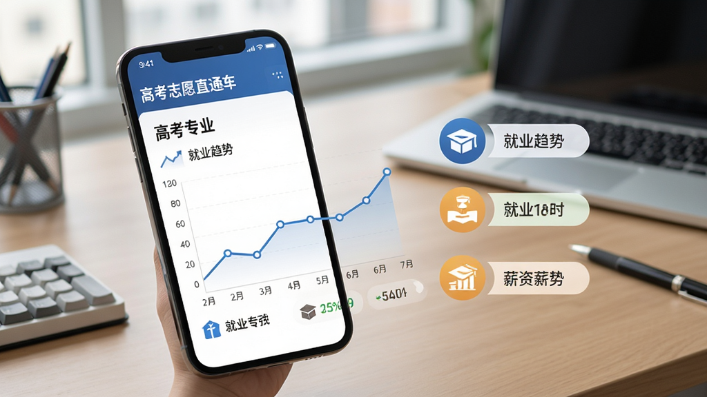高考志愿直通车专业就业解析界面,手机屏幕显示专业名称与就业趋势折线图,旁边有职业图标与薪资标签,背景为办公室桌面,布局左右分栏,风格商务简洁,细节包含行业图标与百分比数字,画质高清,干净无多余元素