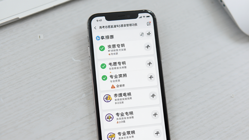 高考志愿直通车志愿表管理功能,手机屏幕展示志愿填报表单,包含多个院校专业条目与拖拽排序图标,背景为浅灰色桌面,布局上下结构,风格清爽实用,细节包含对勾标记与警告提示,画质清晰,干净无多余元素
