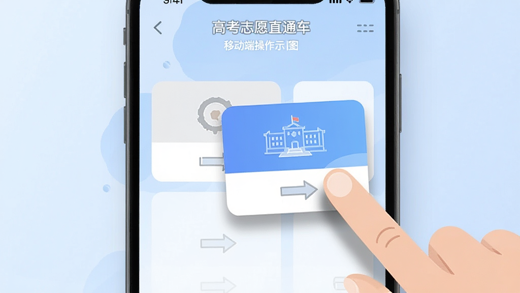 高考志愿直通车移动端操作示意图,画面展示手机屏幕内志愿表拖拽排序过程,手指正在拖动院校卡片,背景为浅蓝色渐变,布局居中构图,风格扁平插画,细节包含箭头指示与阴影效果,画质清晰,干净无多余元素