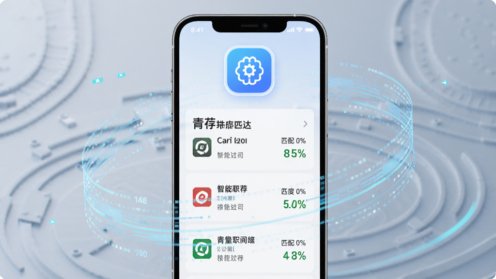 һ��չʾ���ְ�������Ƽ����ܵ�ͼƬ�������������ֻ���Ļ��ʾ�Ƽ�ְλ�б�����Ļ�Ϸ����㷨ƥ���ͼ�꣬��Χ�������������������־��У����Ƽ������ಢ�أ�ϸ�ڰ���ְλ���ơ���˾��־��ƥ��Ȱٷֱȣ������������ɾ�������Ԫ��