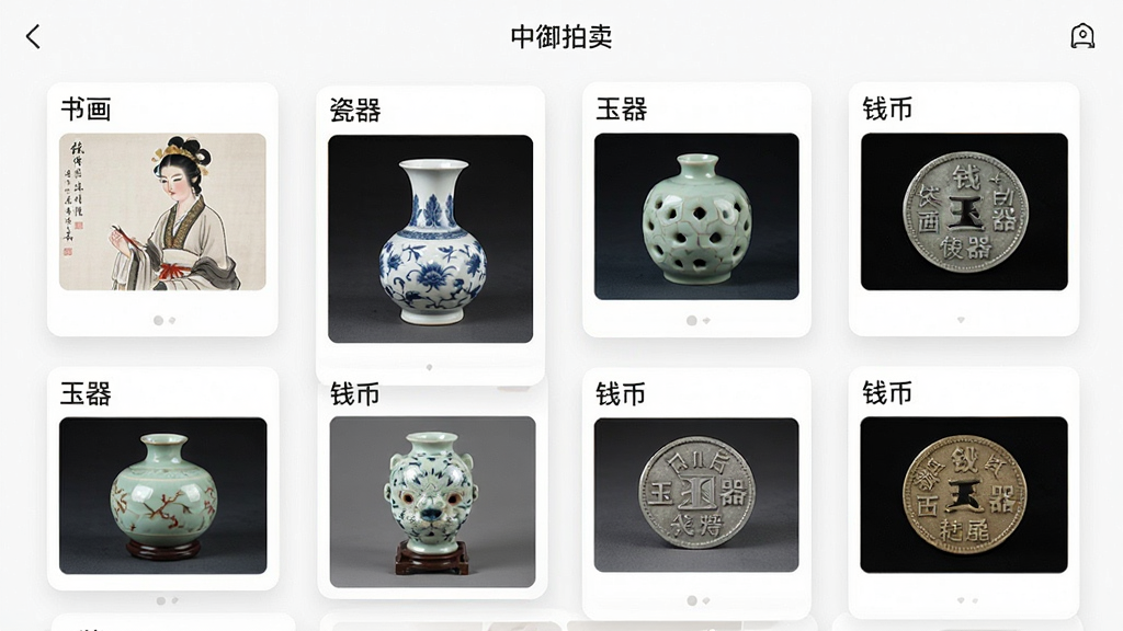 一幅展示中御拍卖应用内艺术品分类页面的场景图,画面中有多个悬浮的卡片,分别标注着“书画”“瓷器”“玉器”“钱币”等字样,卡片上配有对应的艺术品精美图片,整体布局清晰,风格简约明亮,画质细腻,干净,无多余元素