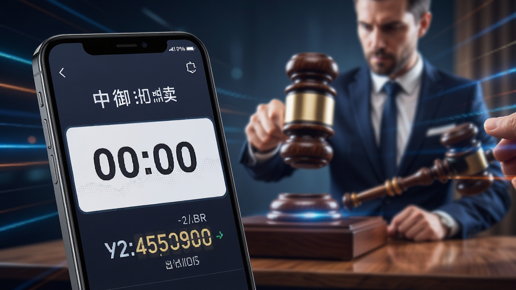 一幅描绘中御拍卖实时竞拍界面的概念图,画面中手机屏幕显示着倒计时和不断跳动的出价数字,背景是模糊的拍卖师落槌场景,风格充满动感与科技感,细节丰富,画质高清,干净,无多余元素