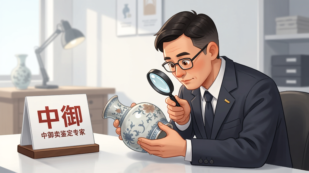 一幅展示中御拍卖鉴定专家工作场景的插画,画面中一位专家正拿着放大镜仔细观察一件瓷器,旁边放着中御拍卖的标识牌,背景是整洁的鉴定室,风格专业严谨,细节清晰,画质优良,干净,无多余元素