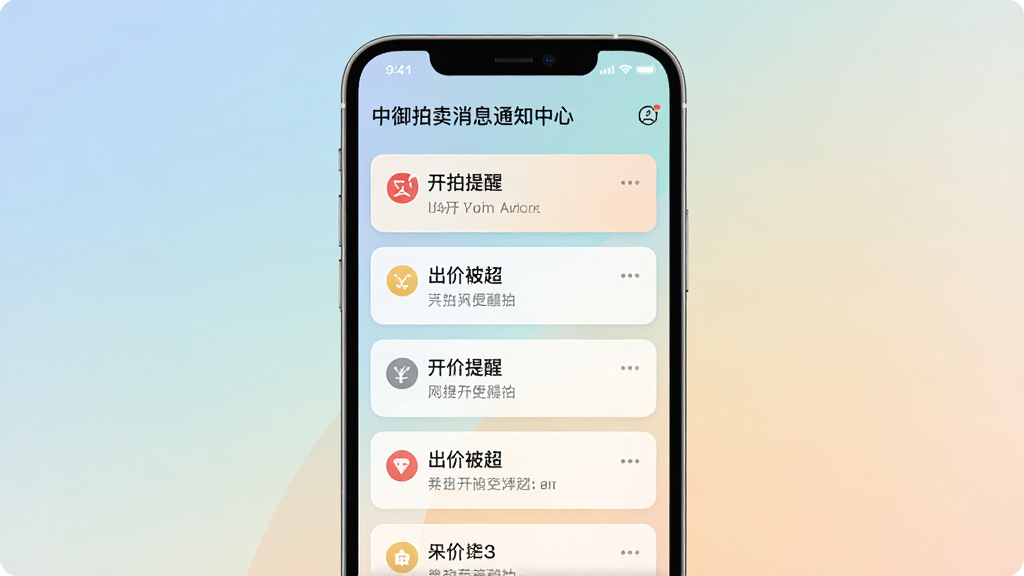一幅展示中御拍卖消息通知中心界面的图片,手机屏幕上弹出多条提醒卡片,分别写着“开拍提醒”“出价被超”等字样,背景是柔和的渐变色调,风格清新简洁,细节到位,画质清晰,干净,无多余元素