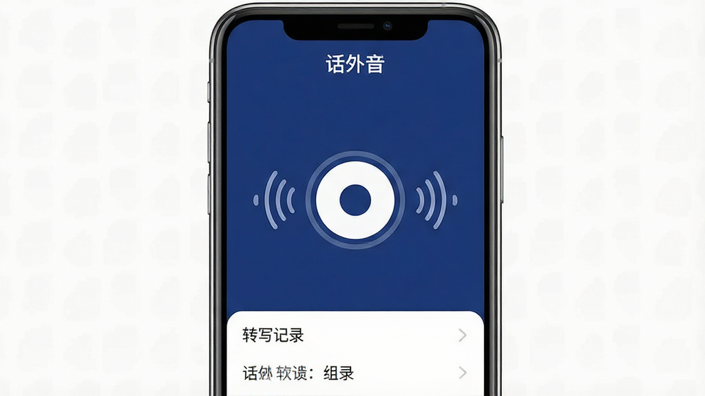 一张展示手机屏幕的图片,屏幕上显示话外音软件的主界面,界面中央有一个醒目的圆形录音按钮,按钮周围环绕着声波图标,界面底部有文字转写记录列表,整体布局简洁清晰,采用深蓝色与白色搭配的现代风格,画质干净,无多余元素,文字清晰可辨,软件名称“话外音”显示在屏幕顶部,整体画面为手机应用展示效果图