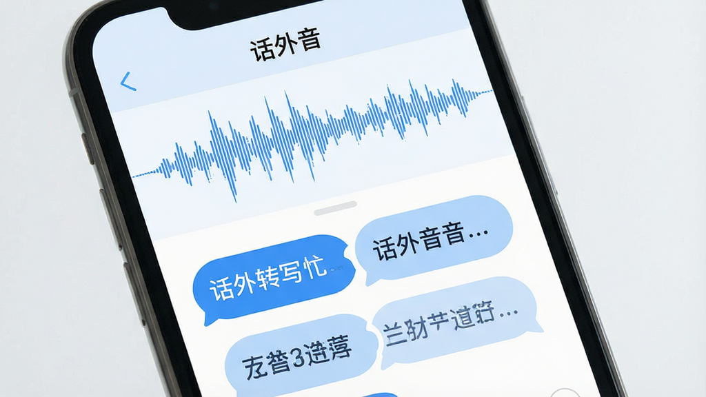 一张展示话外音软件实时转写界面的图片,手机屏幕上显示录音波形和同步生成的文字段落,文字以气泡形式排列在屏幕下半部分,界面顶部显示“话外音”软件名称,整体采用浅色背景与蓝色强调色,布局清晰,风格现代简约,画质干净,无多余元素