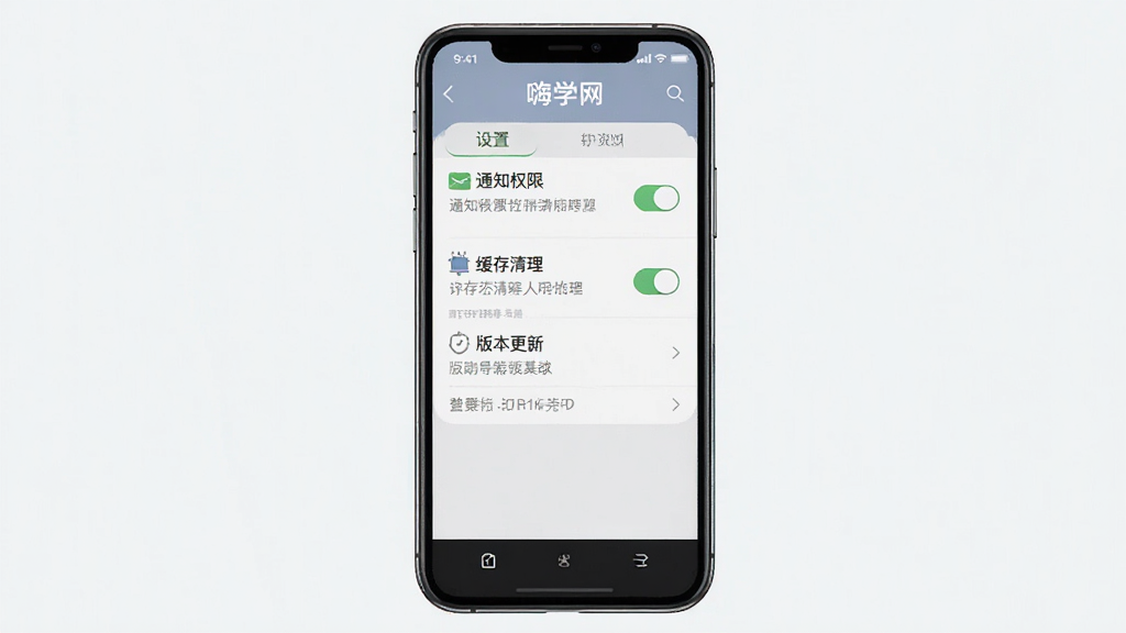一张展示嗨学网APP设置界面的图片,画面主体是手机屏幕显示嗨学网设置菜单,包含通知权限、缓存清理、版本更新等选项,布局为竖版手机截图,风格为简洁工具类界面,细节包括开关按钮和文字说明,画质清晰干净