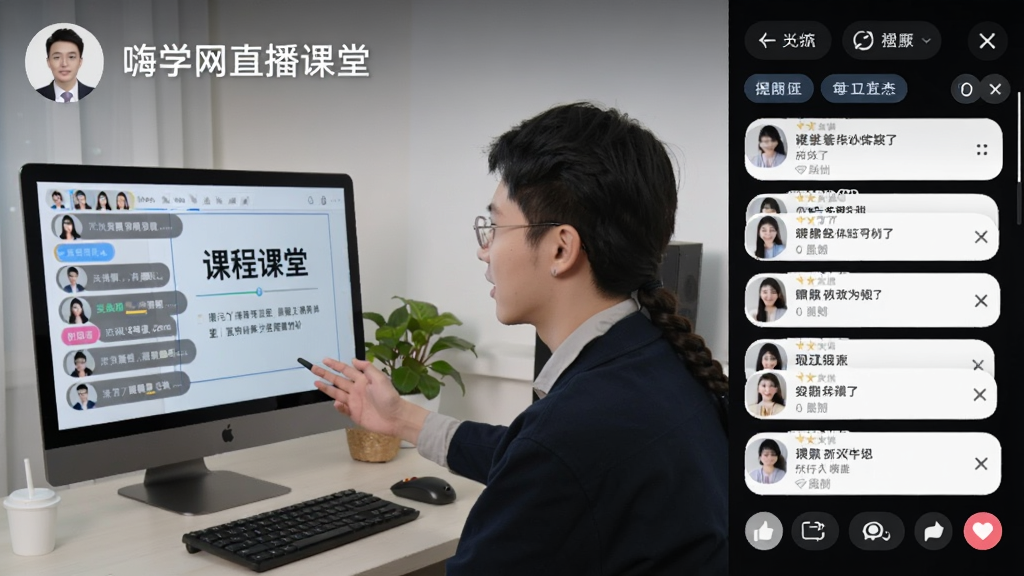 一张展示嗨学网直播课堂互动场景的图片,画面中一位讲师正在电脑前讲课,屏幕旁边显示学员弹幕和提问窗口,布局为分屏展示,风格为在线教育直播场景,细节包括讲师头像、课程PPT和互动区,画质清晰明亮无杂乱元素
