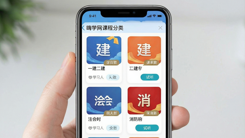 一张展示嗨学网课程分类界面的图片,画面主体是手机屏幕显示嗨学网APP首页课程分类列表,包含一建、二建、注会、消防等图标,布局为竖版手机截图风格,排版整齐清晰,风格为清新教育类APP界面,细节包括课程封面图、学习人数标签和试听按钮,画质高清干净