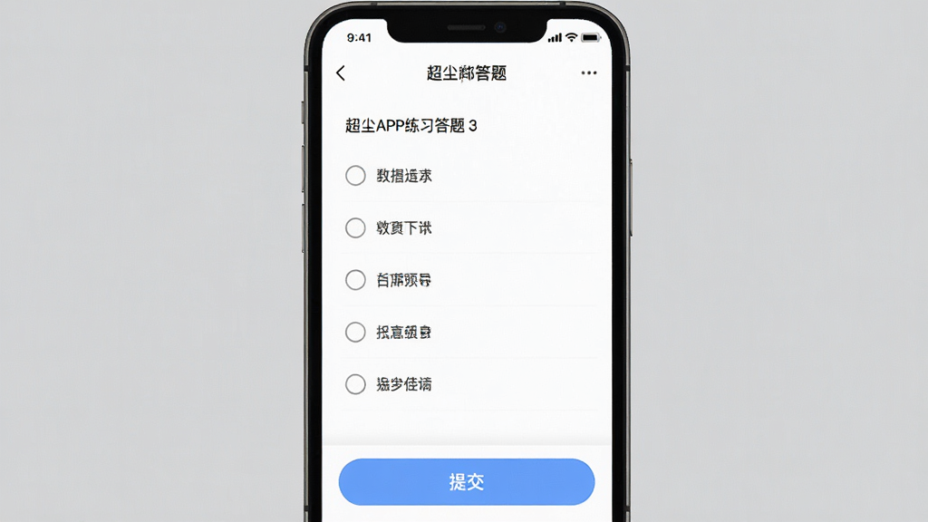 一张超尘APP练习答题界面的生图,主体为手机屏幕,屏幕中显示一道选择题和四个选项,下方有提交按钮,布局居中,风格为教育类应用常见的简洁设计,细节上选项有圆形选择框,背景为白色,画质高清干净,画面中文字为中文,无多余元素