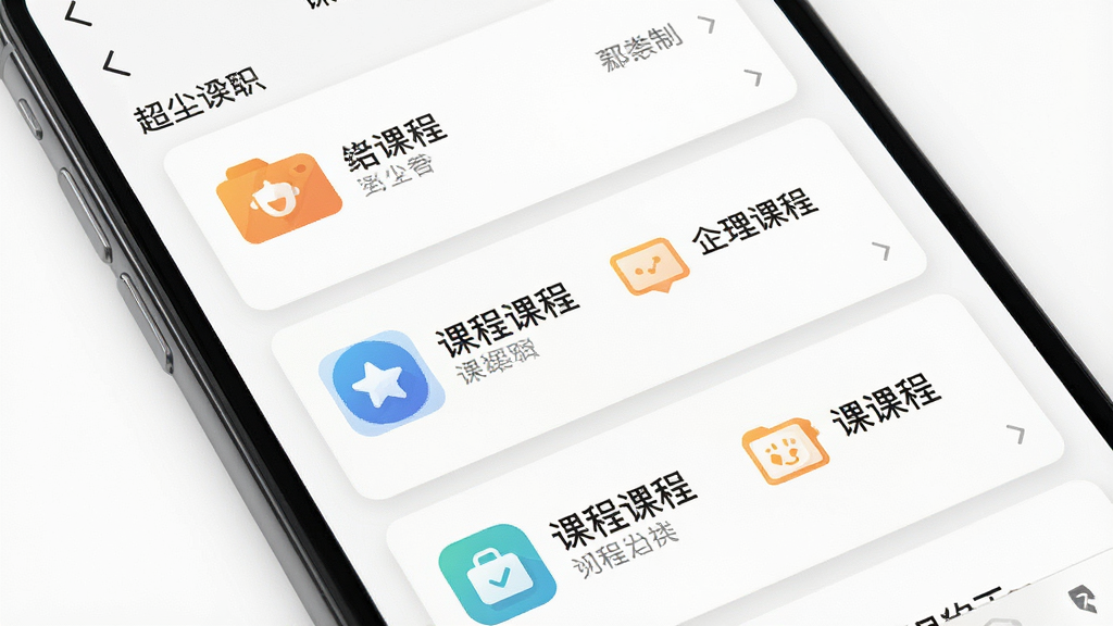 一张超尘APP内课程列表页面的生图,主体为手机屏幕特写,屏幕中展示分类整齐的课程卡片列表,每张卡片带有课程名称和图标,布局为上下排列,风格为现代扁平化设计,细节上卡片有轻微阴影,背景为白色,画质高清干净,画面中文字为中文,无多余元素