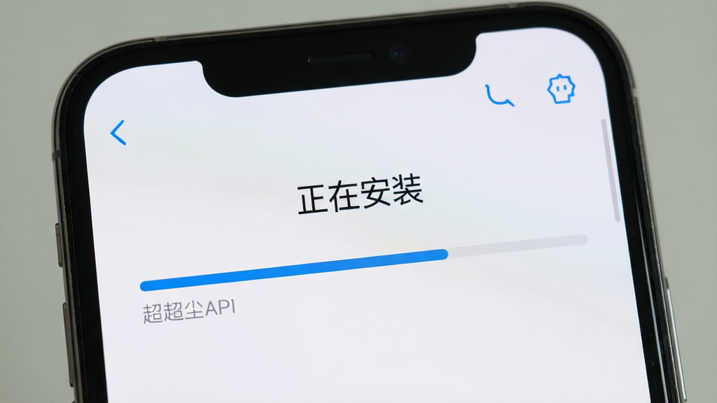 一张展示在手机上安装超尘APP过程的生图,主体为手机屏幕特写,屏幕中显示安装进度条和“正在安装”字样,布局居中,风格为系统安装界面常见的简洁设计,细节上进度条为蓝色,背景为浅色,画质清晰干净,画面中文字为中文,无多余元素