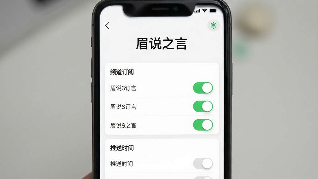 一张手机应用个性化设置界面,画面中央显示“眉说之言”应用名称,下方是频道订阅开关列表和推送时间设置选项,布局为竖版手机屏幕,风格简约,配色以白底绿色点缀为主,细节包括开关按钮和文字说明,画质清晰,干净,无多余元素