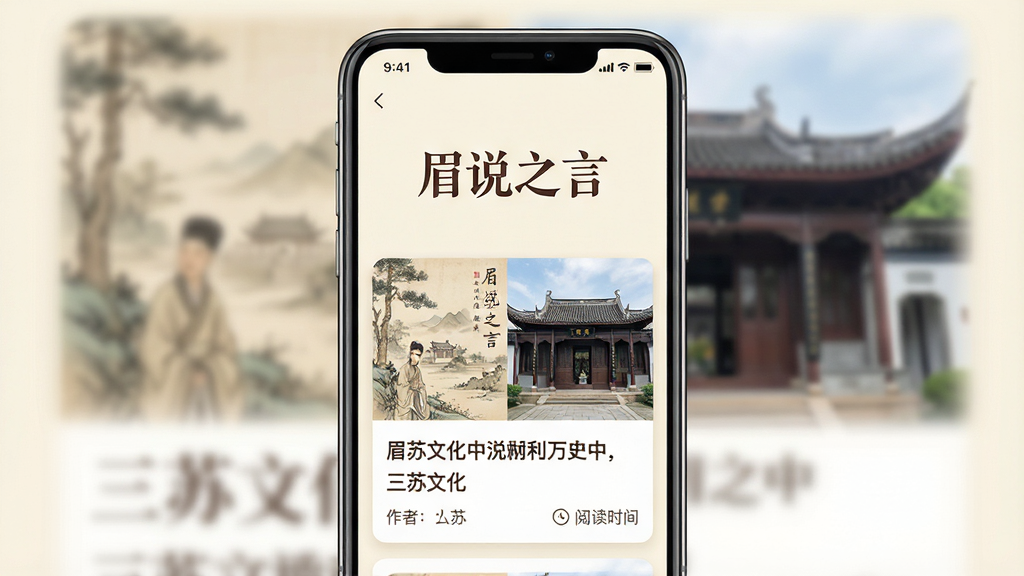 一张文化历史专栏的手机界面,画面中央显示“眉说之言”应用名称,下方是一篇关于三苏文化的文章卡片,配有古风插图和三苏祠照片,布局为竖版手机屏幕,风格典雅,配色以米白和深棕为主,细节包括文章标题、作者署名和阅读时长,画质清晰,干净,无多余元素