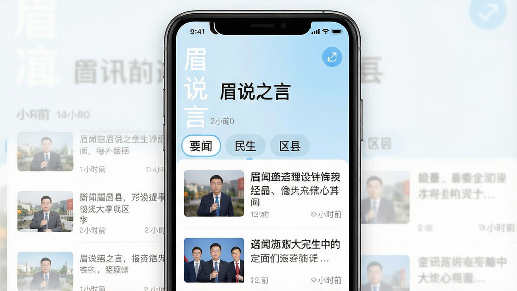 一张资讯聚合类手机应用界面截图,画面中央显示“眉说之言”应用名称,下方是多个新闻分类标签如“要闻”“民生”“区县”,每条新闻配有小图和标题,布局为竖版手机屏幕,风格清爽,配色以白色和浅蓝为主,细节包括时间戳和刷新按钮,画质清晰,干净,无多余元素