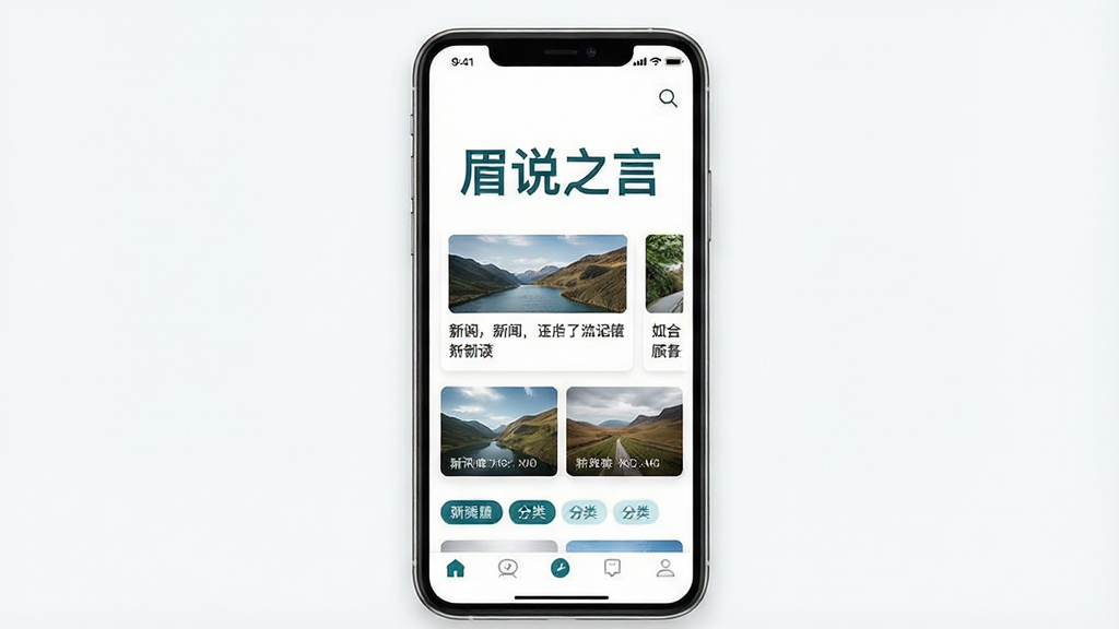 一张手机屏幕展示资讯阅读类应用的界面,画面中央是“眉说之言”四个大字作为应用标题,下方排列着新闻卡片、图片缩略图和分类标签,整体布局为竖版手机界面,风格简洁现代,配色以白底蓝绿色点缀为主,细节包括顶部状态栏、搜索图标和底部导航栏,画质清晰,干净,无多余元素
