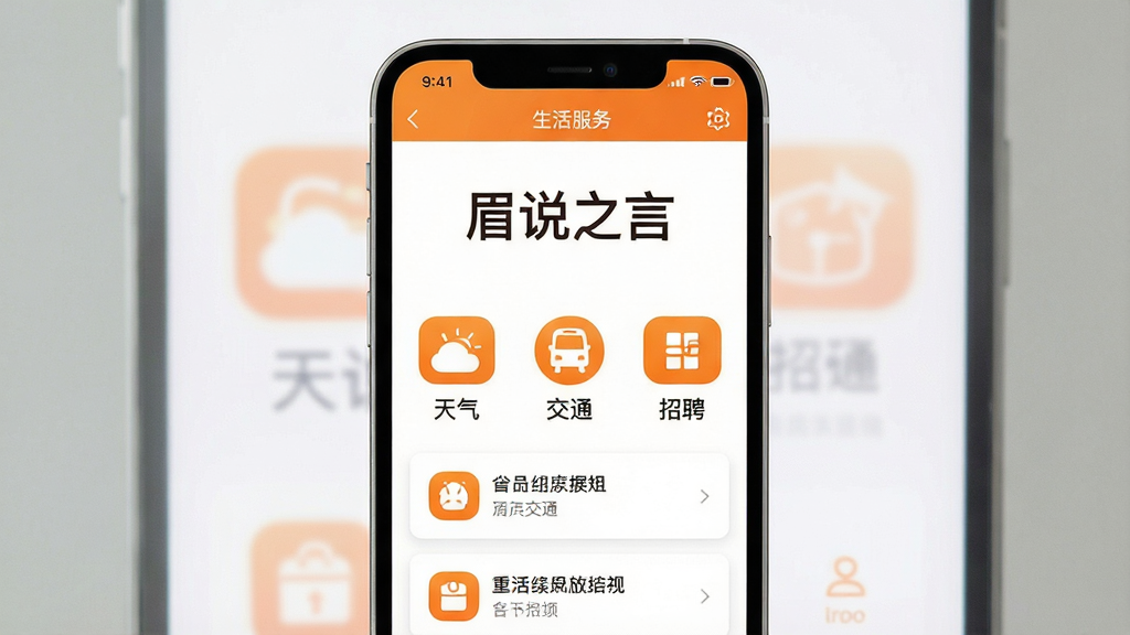 一张生活服务信息类手机应用界面,画面中央显示“眉说之言”应用名称,下方排列着天气、交通、招聘等图标和简短通知卡片,布局为竖版手机屏幕,风格实用简洁,配色以白底橙色点缀为主,细节包括图标样式和文字排版,画质清晰,干净,无多余元素