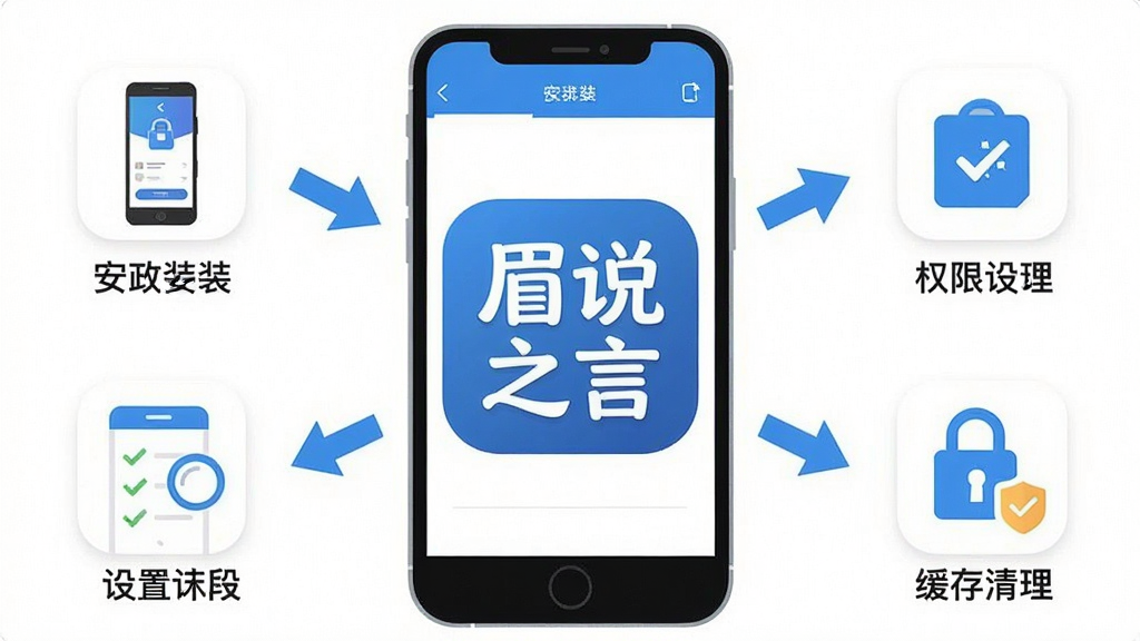 一张手机应用安装与设置的操作示意图,画面中央显示“眉说之言”应用图标,周围环绕着安装步骤、权限设置和缓存清理的图标,布局为竖版手机屏幕,风格扁平化,配色以蓝白为主,细节包括箭头指引和文字标注,画质清晰,干净,无多余元素