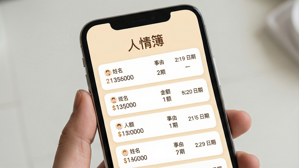 一张手机屏幕展示人情簿应用主界面,画面中央是清晰的人情往来记录列表,每条记录包含姓名、金额、事由和日期,界面采用暖色调卡片式布局,背景为浅米色,顶部有“人情簿”三个大字,整体风格温馨简洁,画质干净清晰,无多余元素