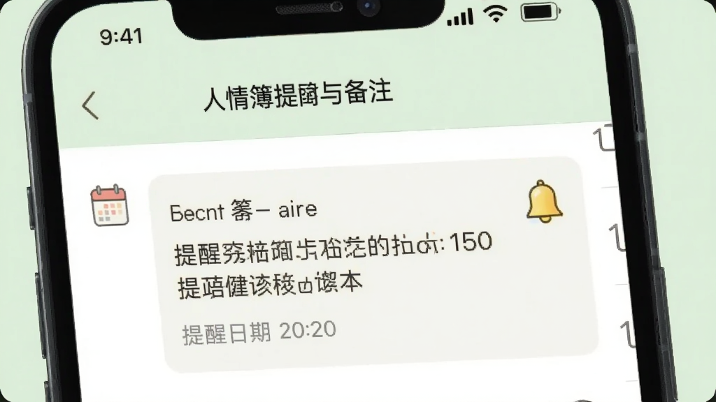 一张手机界面展示人情簿的备注与提醒功能,画面中一条记录展开显示详细备注内容和提醒日期,旁边有日历图标和铃铛图标,背景为柔和的浅绿色,界面文字清晰,风格简洁实用,画质干净,无多余元素