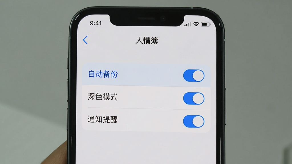 一张手机屏幕展示人情簿的设置页面,画面中有“自动备份”“深色模式”“通知提醒”等选项开关,界面采用浅灰色背景和蓝色高亮,文字清晰,布局整洁,风格简约,画质干净,无多余元素