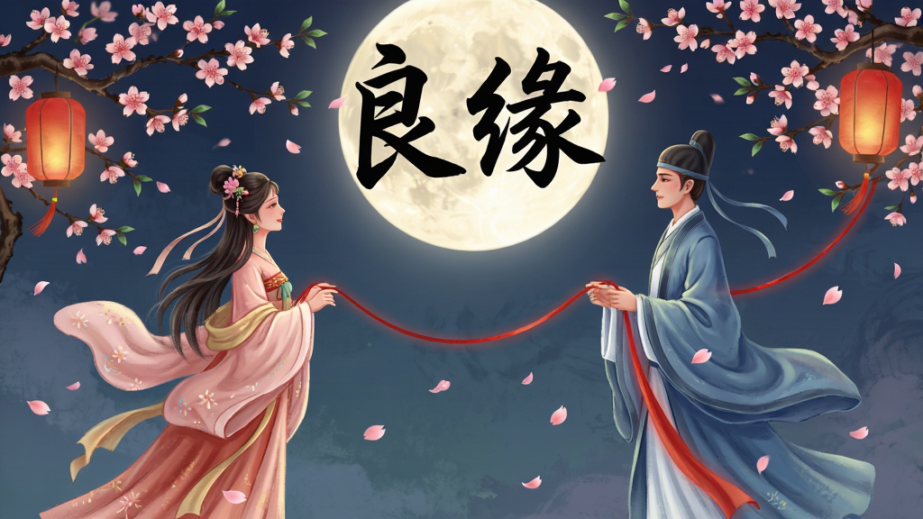 一幅诠释良缘寓意的国风插画。画面主体为一对古代服饰的男女在月下红线牵引下相望,背景是盛开的桃花树与一轮圆月。布局采用对称构图,人物分列左右,红线贯穿画面中央。排版上突出良缘二字的书法字体置于上方。风格为唯美古风插画,细节包括衣袂飘动、花瓣纷飞、红灯笼点缀,画质细腻,画面干净,无多余元素。