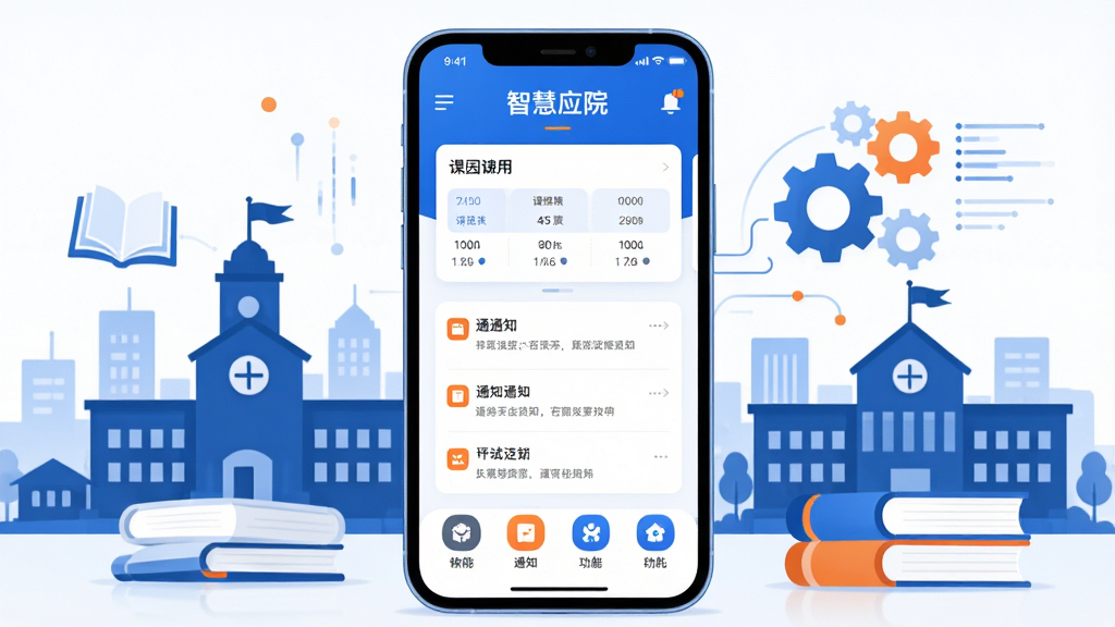 画面中央是一部智能手机,屏幕上显示一款名为“智慧应院”的校园服务应用界面,界面包含课表卡片、通知列表与功能图标;手机两侧环绕着校园建筑剪影、书本、齿轮与数据流元素;整体采用扁平化科技风格,色调以蓝白为主,点缀少量橙色;画面干净整洁,高分辨率,无多余装饰。