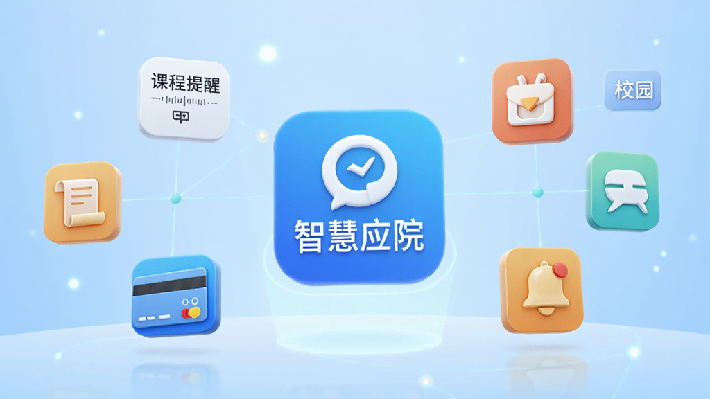 一个明亮的数字控制台场景,中央悬浮着“智慧应院”应用图标,周围分布着课程提醒、成绩单、校园卡、通知铃铛等立体图标;背景为浅蓝色渐变,有细微的光点与连接线;整体风格简洁现代,画面清晰,无杂乱元素。