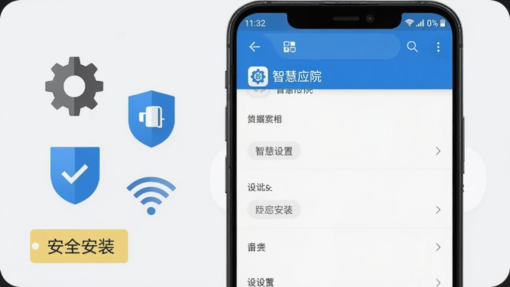 一部安卓手机屏幕显示“智慧应院”应用设置界面,旁边有齿轮、盾牌与WiFi图标,背景为浅灰色,画面风格简洁明了,有“安全安装”字样标签,整体干净无杂乱。