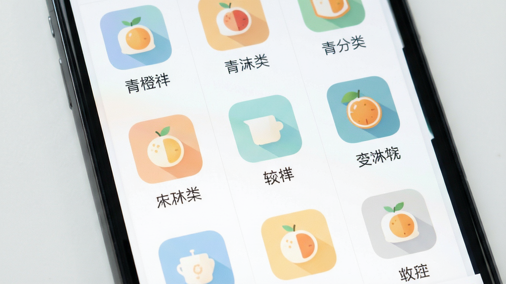青橙小说软件内分类浏览界面展示图,主体为手机屏幕特写,屏幕上呈现整齐的小说分类网格,每个分类配有图标和名称,布局采用三列排布,排版清晰,风格为简约清新风,细节包括分类图标色彩柔和、文字标注清楚,画质高清,画面干净,无多余元素