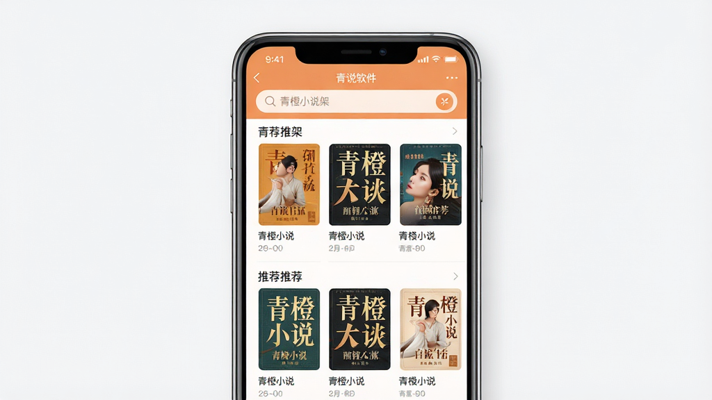 一张展示青橙小说软件主界面的手机样机图,画面中央为手机屏幕,屏幕内显示青橙小说书架页面,排列着多本小说封面,整体布局简洁有序,排版采用上下结构,上方为搜索栏,下方为推荐书单,风格为现代扁平化UI设计,细节包括柔和的橙色主题色、清晰的文字标签和图标,画质高清,画面干净,无多余元素