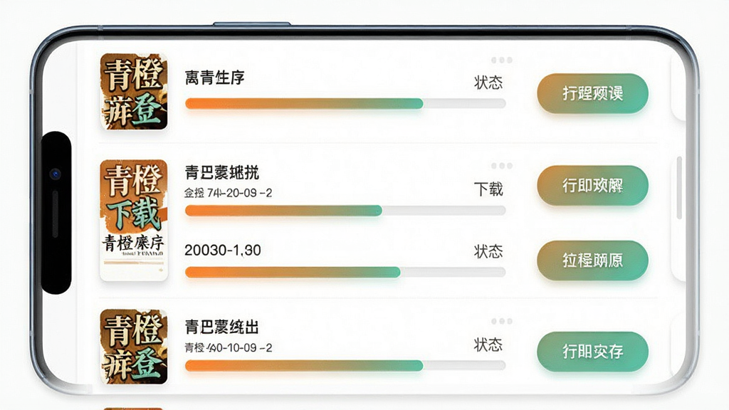 青橙小说离线缓存管理界面图,画面主体为手机屏幕,屏幕内展示下载管理列表,每条记录包含小说封面、名称、下载进度和状态按钮,布局为纵向列表,排版整齐,风格为轻拟物设计,细节包括进度条颜色渐变、操作按钮圆润,画质高清,画面干净,无多余元素