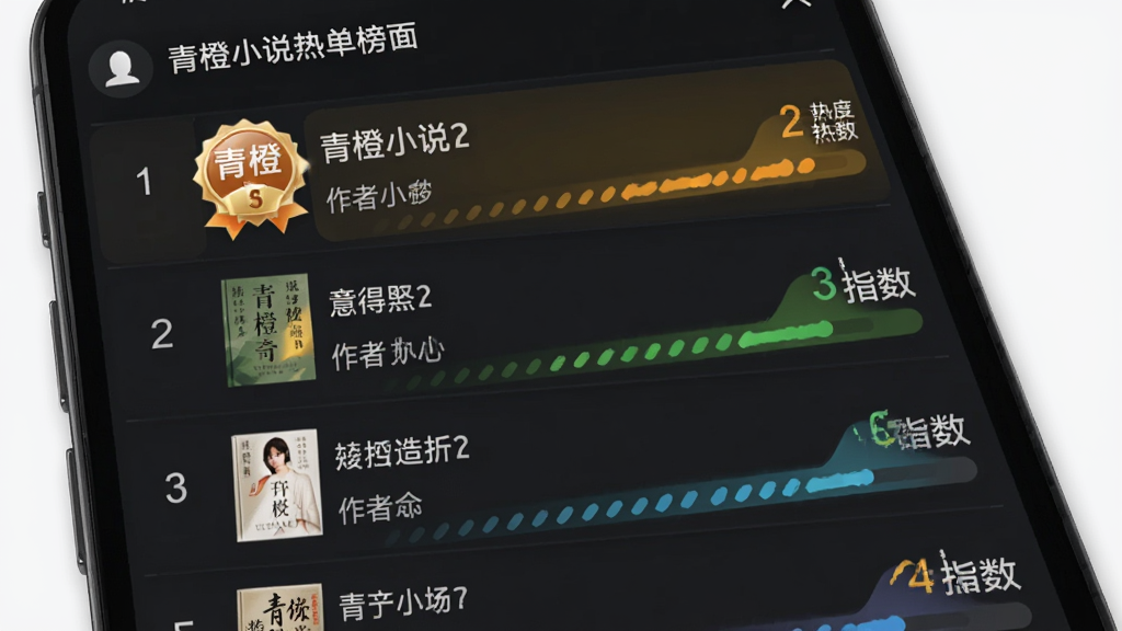 青橙小说热门榜单页面图,手机屏幕上展示排行榜列表,每条包含排名数字、书名、作者和热度指数,布局为纵向排列,排版层次分明,风格为数据可视化风格,细节包括排名前三名有特殊徽章标识、热度条颜色区分,画质高清,画面干净,无多余元素