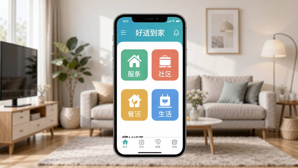 好适到家APP主界面展示图,画面中央放置一部智能手机,屏幕显示“好适到家”软件首页,页面布局包含家政服务、社区餐厅、生活缴费等彩色图标,背景为温馨的现代家庭客厅,风格简洁明亮,细节清晰,画质干净,无多余元素