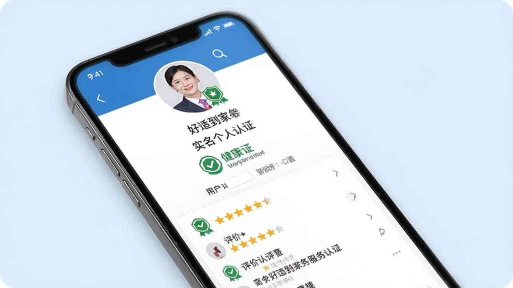 好适到家服务人员认证页面展示图,画面中一部手机显示服务人员个人主页,包含头像、实名认证徽章、健康证标识、用户评分星级与评价列表,背景为淡蓝色,风格正式整洁,细节清晰,画质干净,无多余元素