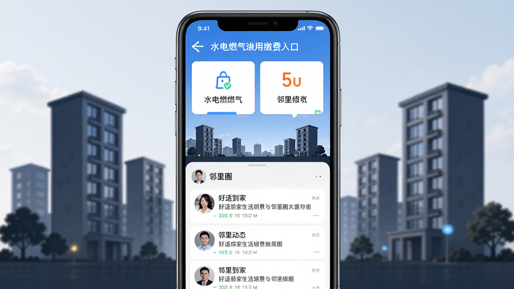 好适到家生活缴费与邻里圈界面图,手机屏幕分为上下两部分,上方显示水电燃气缴费入口,下方显示邻里圈动态列表,背景为社区楼宇剪影,风格现代简约,细节清晰,画质干净,无多余元素