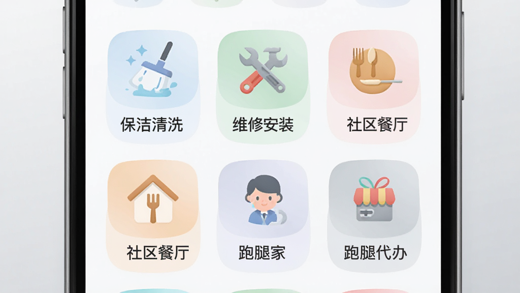 好适到家一站式服务功能图,主体为手机屏幕特写,屏幕上以网格形式排列“保洁清洗”“维修安装”“社区餐厅”“跑腿代办”等服务图标,图标色彩柔和,背景为浅灰色渐变,风格扁平化,细节清晰,画质干净,无多余元素