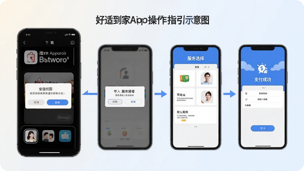 好适到家APP操作指引示意图,画面展示手机屏幕从下载安装到下单支付的流程步骤,包含应用商店搜索、安装权限弹窗、服务选择页面、支付成功页面,背景为浅色渐变,风格简洁教程化,细节清晰,画质干净,无多余元素