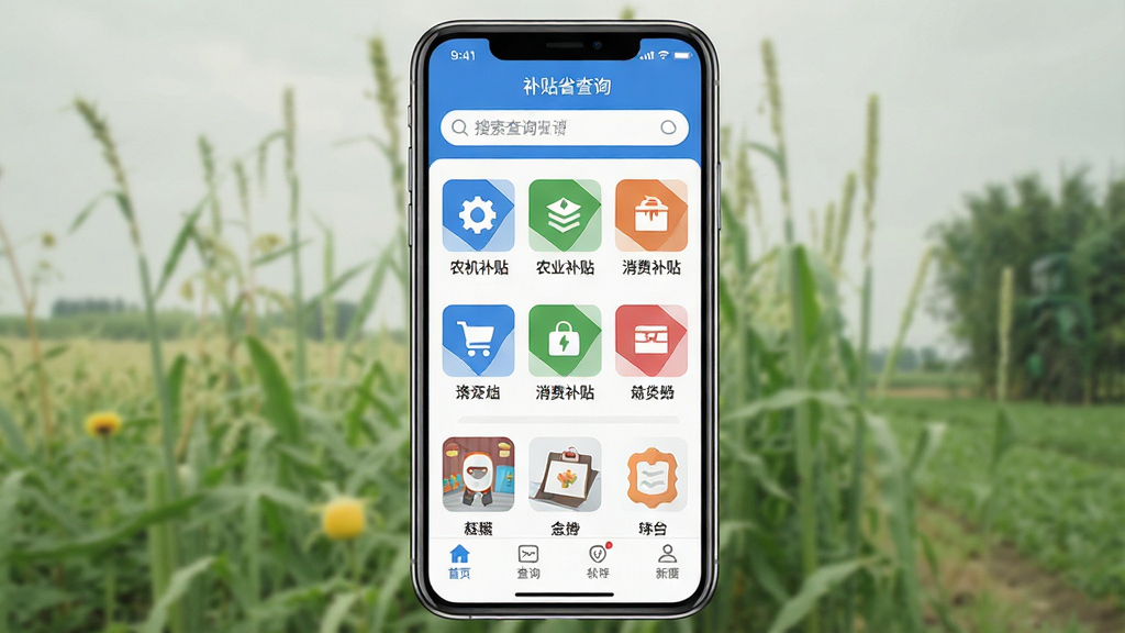 补贴查询省钱软件主界面截图,画面中央展示手机屏幕,屏幕内显示补贴查询省钱应用首页,顶部有搜索框,中部为各类补贴分类图标,包括农机补贴、农业补贴、消费补贴等,底部为导航栏,整体采用蓝白配色,风格简洁清爽,画质清晰,干净无多余元素