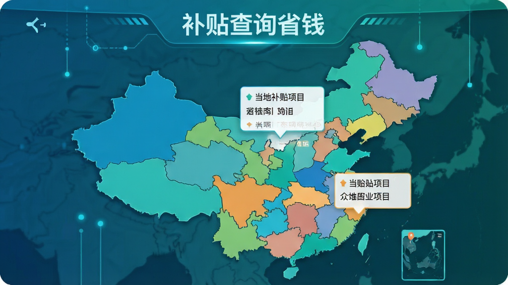 补贴查询省钱应用内全国地图界面,画面展示中国地图轮廓,各省份以不同颜色标注,点击省份弹出当地补贴项目列表,地图上方有补贴查询省钱文字标识,整体风格现代科技感,蓝绿色调,画质清晰,布局规整,干净无多余元素