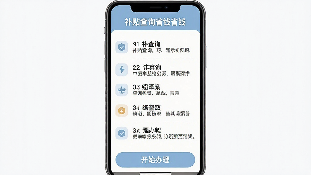 补贴查询省钱申领指引页面截图,画面展示手机屏幕内详细步骤列表,每一步骤配有图标和文字说明,顶部有补贴查询省钱标题栏,底部有开始办理按钮,整体风格清晰易读,配色柔和,画质高清,排版整齐,干净无多余元素