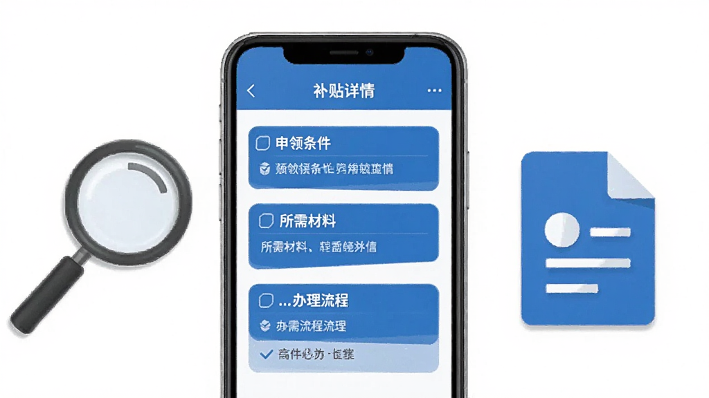 补贴查询省钱移动端操作界面展示,画面展示一部智能手机,屏幕内显示应用内补贴详情页面,页面上有申领条件、所需材料、办理流程等文字信息,手机旁边有放大镜和文档图标作为装饰,整体风格商务简洁,蓝色主调,画质清晰,布局工整,干净无多余元素