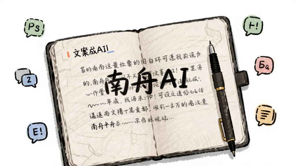 画面中央是一本打开的笔记本与一支笔,笔记本页面上浮现“南舟AI”生成的文字段落,周围环绕小图标代表不同文案类型,布局为居中俯视视角,风格为简约手绘,细节上纸张纹理清晰,画质干净,无多余元素